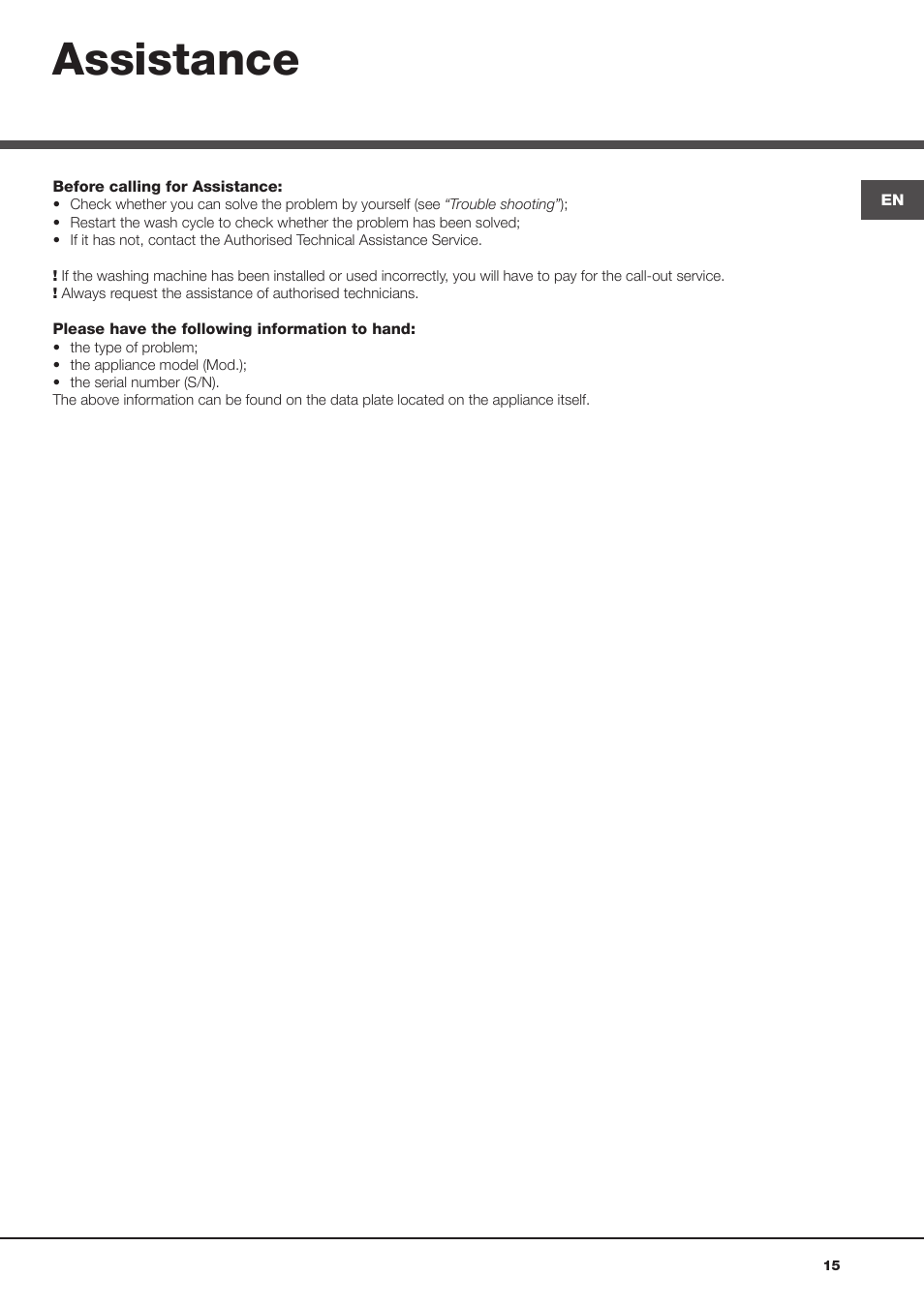 Assistance | Hotpoint Ariston Aqualtis AQLF9D 692 U (EU)-A User Manual | Page 15 / 80