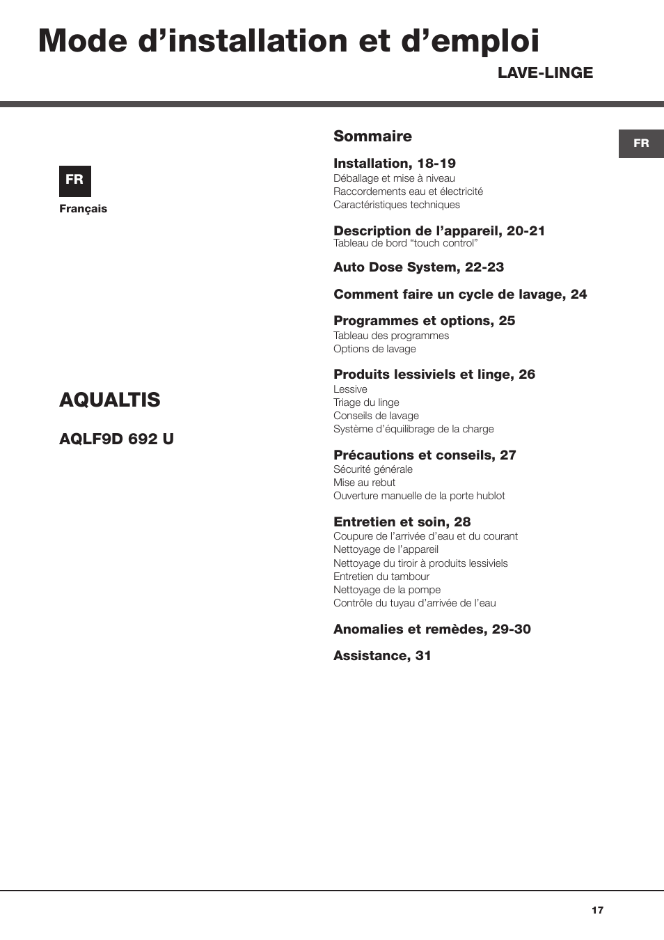 Mode d’installation et d’emploi, Aqualtis | Hotpoint Ariston Aqualtis AQLF9D 692 U (EU)-A User Manual | Page 17 / 80