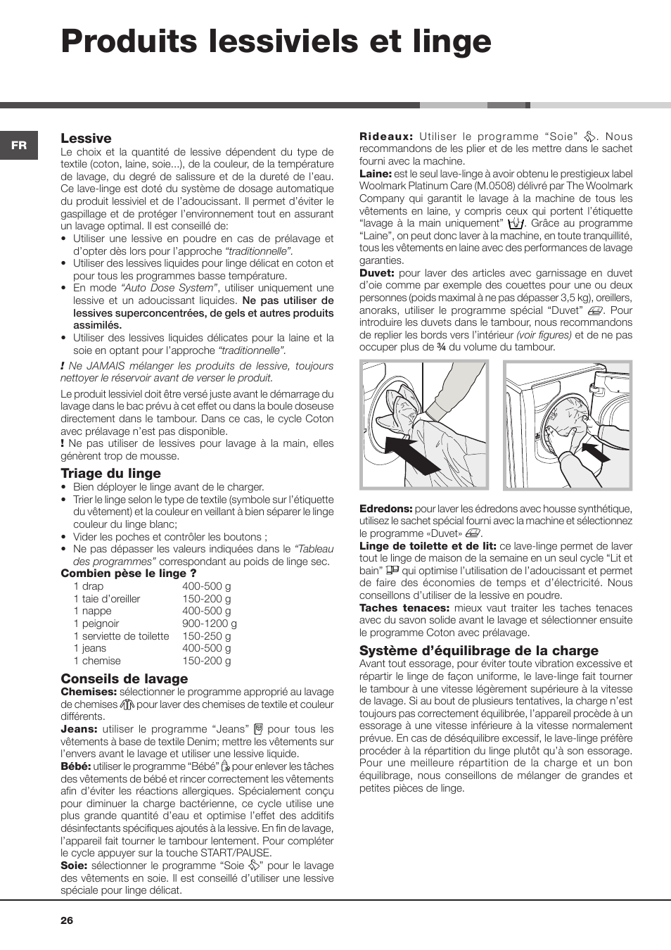 Produits lessiviels et linge, Lessive, Triage du linge | Conseils de lavage, Système d’équilibrage de la charge | Hotpoint Ariston Aqualtis AQLF9D 692 U (EU)-A User Manual | Page 26 / 80