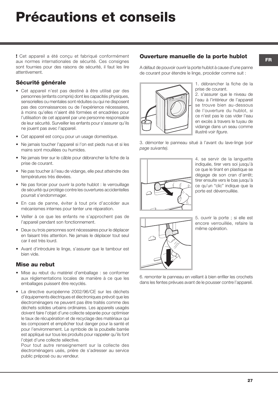 Précautions et conseils | Hotpoint Ariston Aqualtis AQLF9D 692 U (EU)-A User Manual | Page 27 / 80