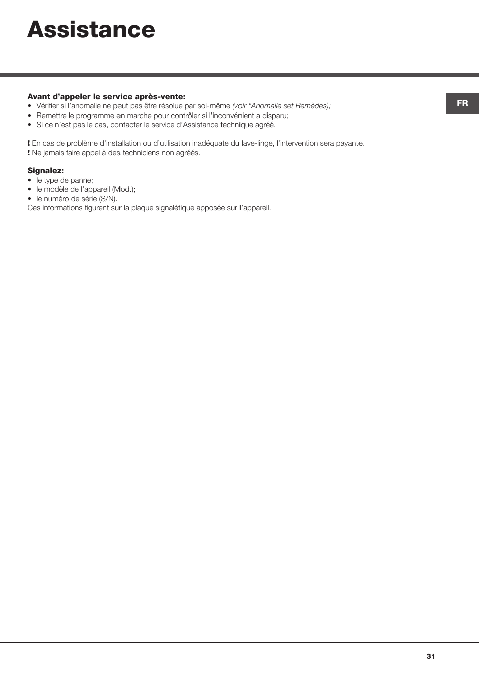 Assistance | Hotpoint Ariston Aqualtis AQLF9D 692 U (EU)-A User Manual | Page 31 / 80
