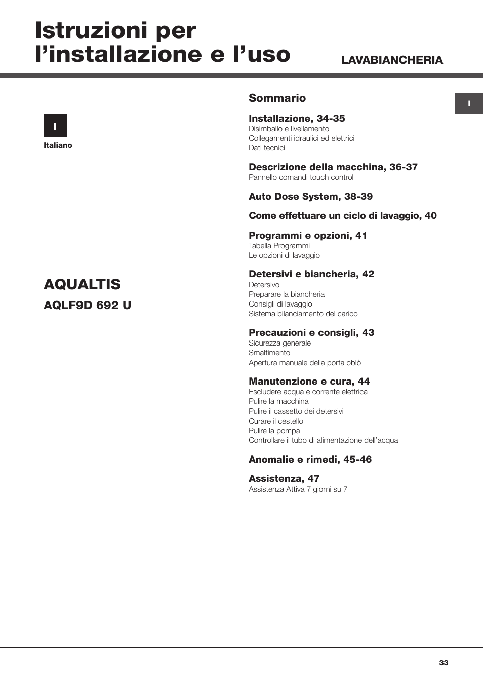 Istruzioni per l’installazione e l’uso, Aqualtis | Hotpoint Ariston Aqualtis AQLF9D 692 U (EU)-A User Manual | Page 33 / 80