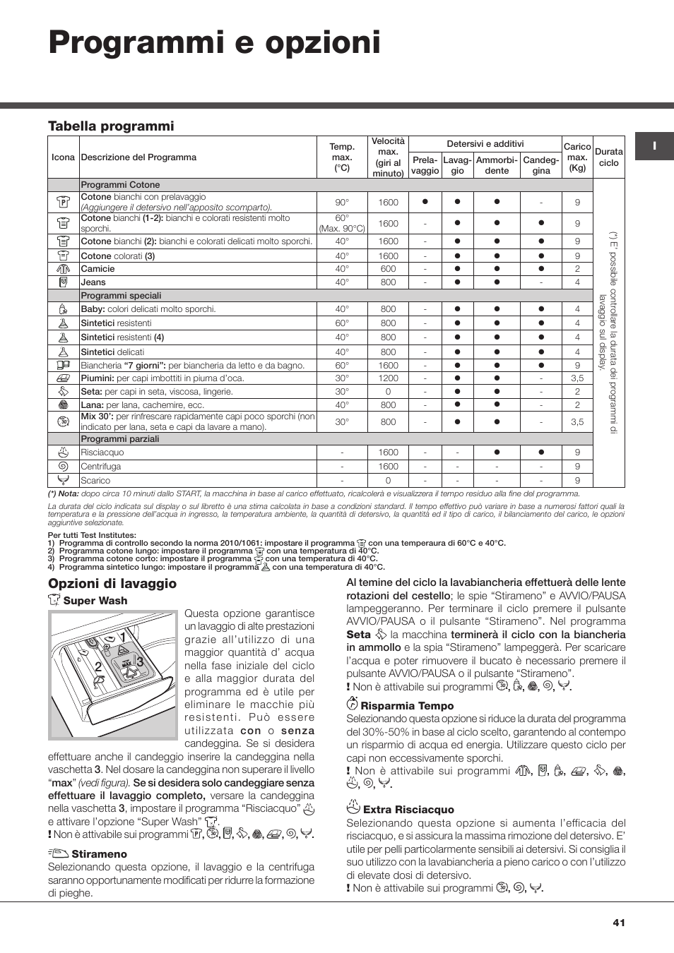 Programmi e opzioni, Opzioni di lavaggio, Tabella programmi | Hotpoint Ariston Aqualtis AQLF9D 692 U (EU)-A User Manual | Page 41 / 80