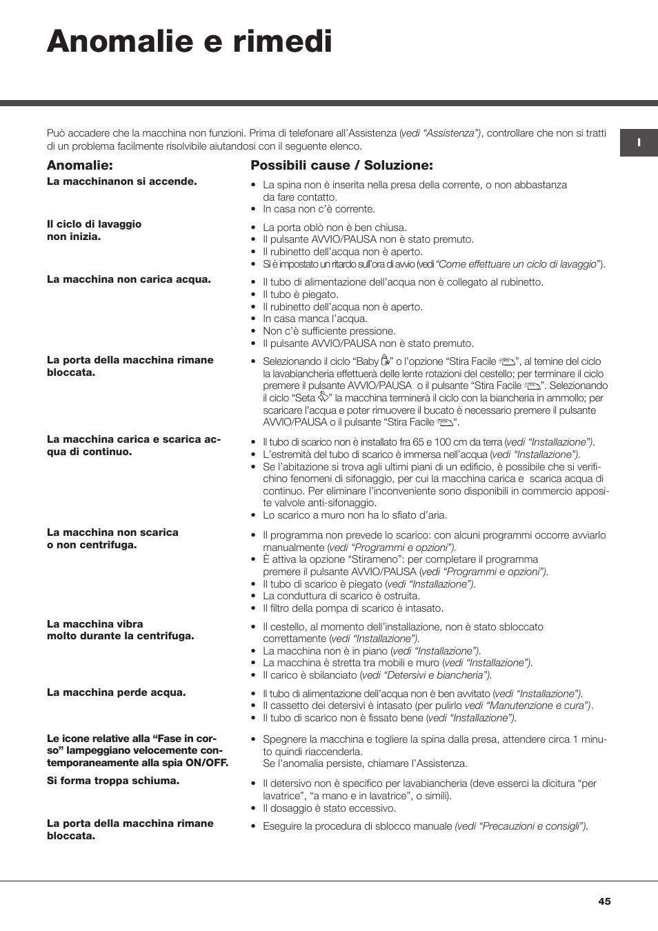 Anomalie e rimedi, Anomalie, Possibili cause / soluzione | Hotpoint Ariston Aqualtis AQLF9D 692 U (EU)-A User Manual | Page 45 / 80