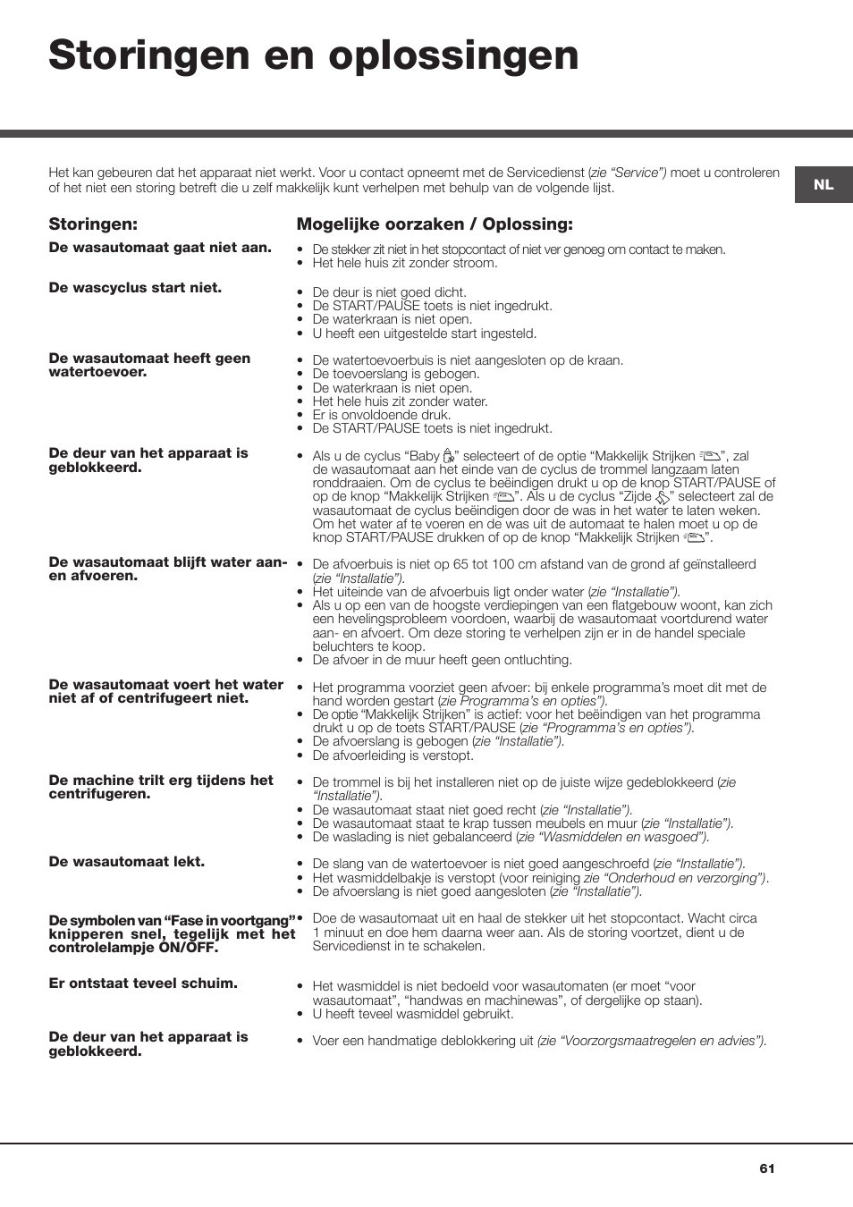 Storingen en oplossingen | Hotpoint Ariston Aqualtis AQLF9D 692 U (EU)-A User Manual | Page 61 / 80