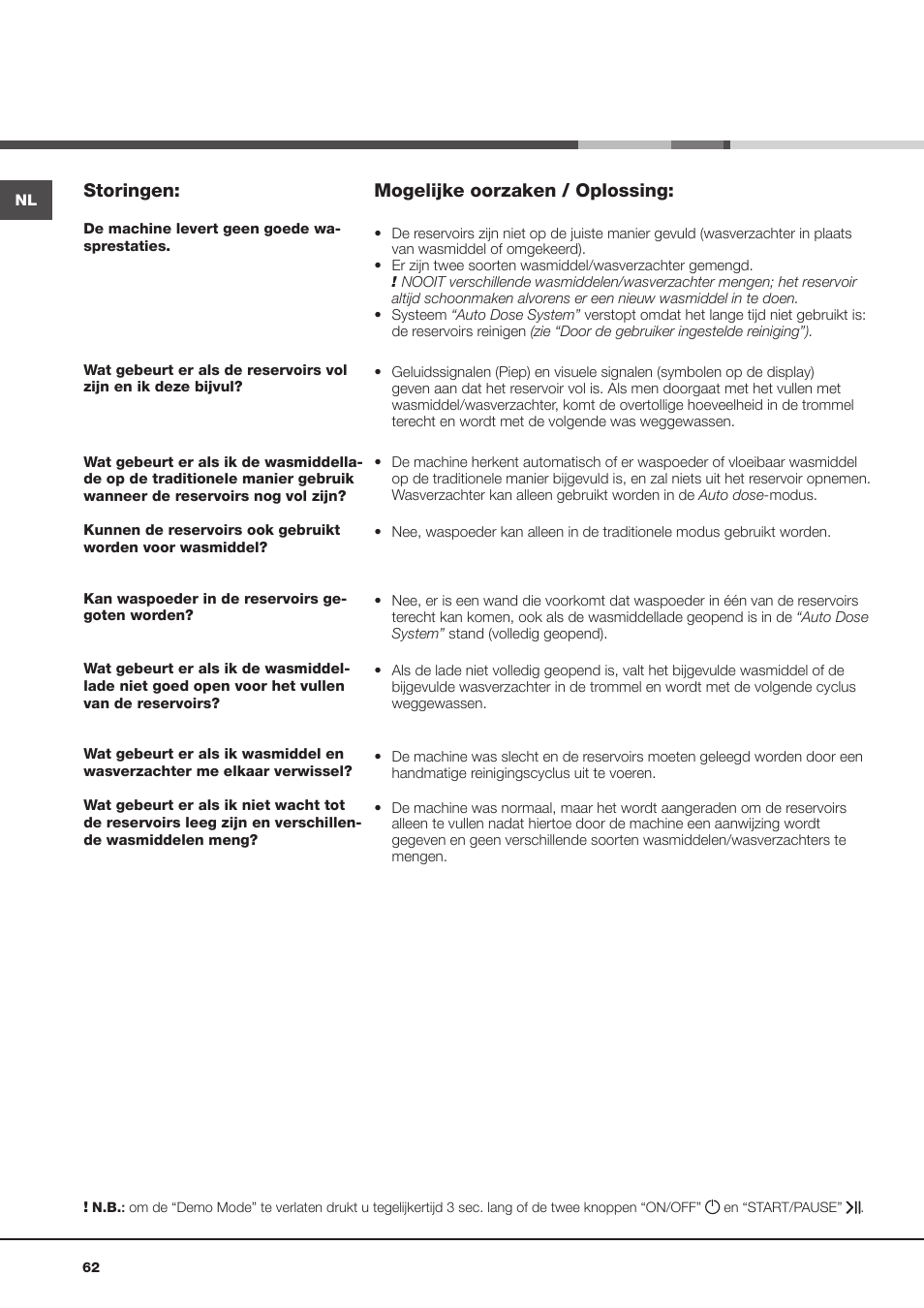 Storingen, Mogelijke oorzaken / oplossing | Hotpoint Ariston Aqualtis AQLF9D 692 U (EU)-A User Manual | Page 62 / 80