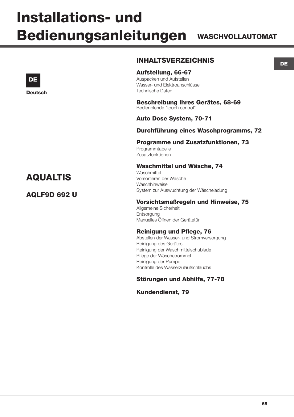 Installations- und bedienungsanleitungen, Aqualtis | Hotpoint Ariston Aqualtis AQLF9D 692 U (EU)-A User Manual | Page 65 / 80