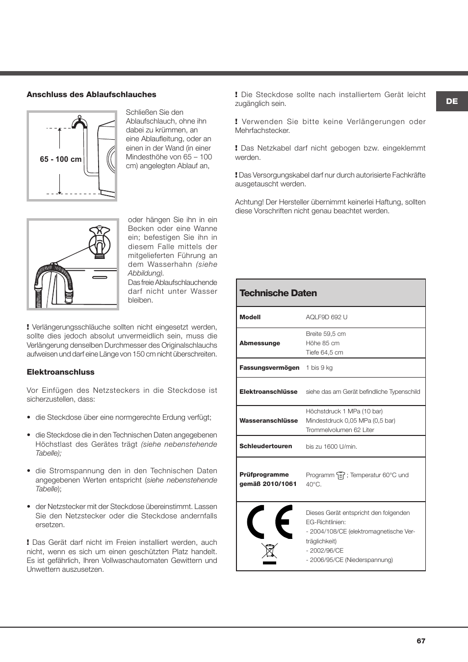 Technische daten | Hotpoint Ariston Aqualtis AQLF9D 692 U (EU)-A User Manual | Page 67 / 80