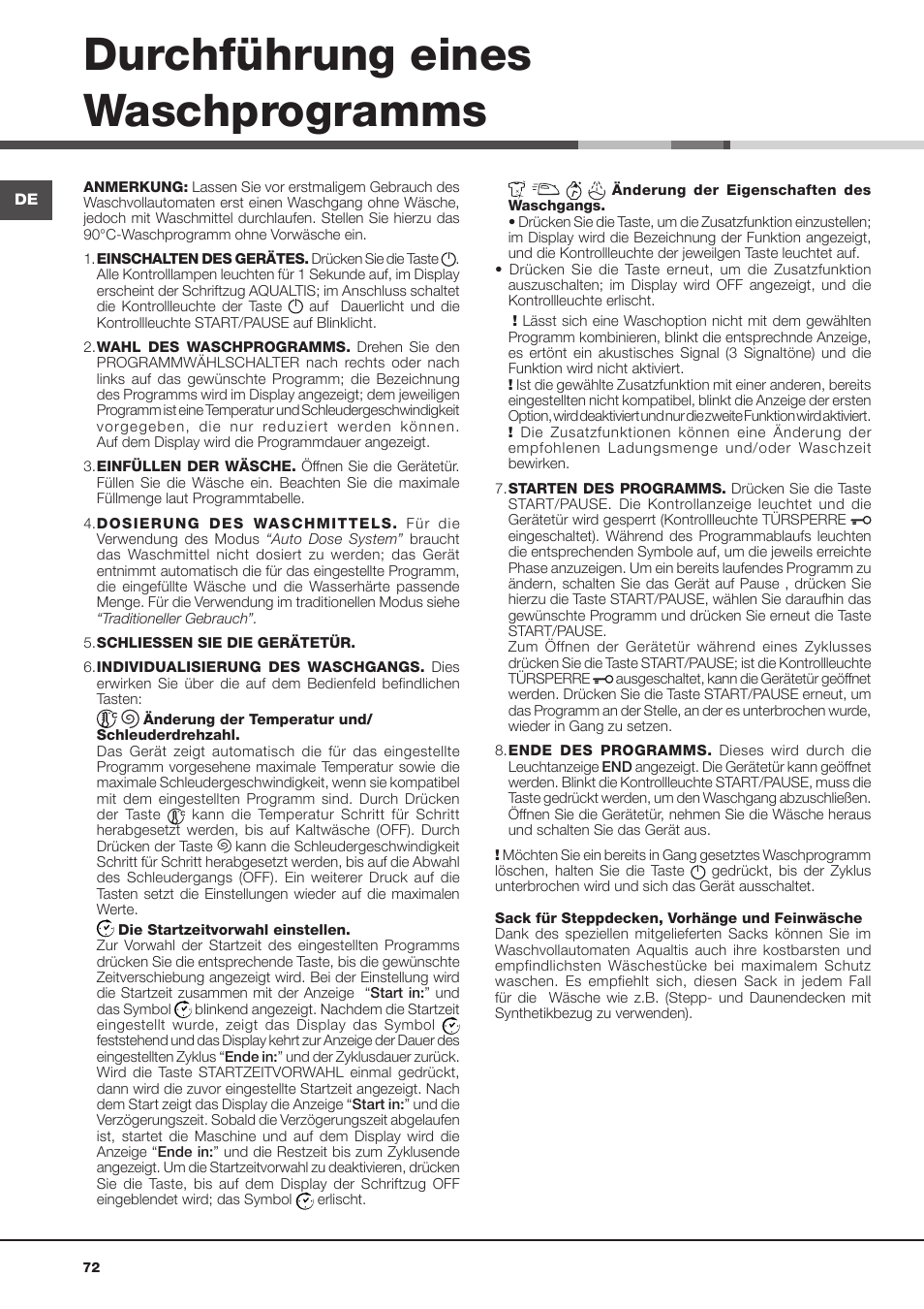 Durchführung eines waschprogramms | Hotpoint Ariston Aqualtis AQLF9D 692 U (EU)-A User Manual | Page 72 / 80
