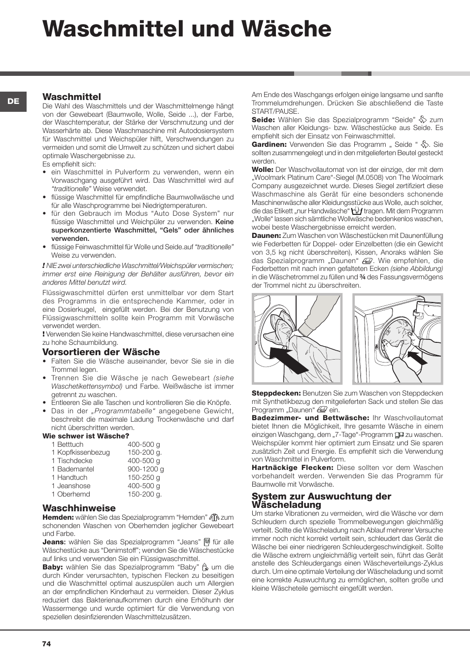 Waschmittel und wäsche, Waschmittel, Vorsortieren der wäsche | Waschhinweise, System zur auswuchtung der wäscheladung | Hotpoint Ariston Aqualtis AQLF9D 692 U (EU)-A User Manual | Page 74 / 80