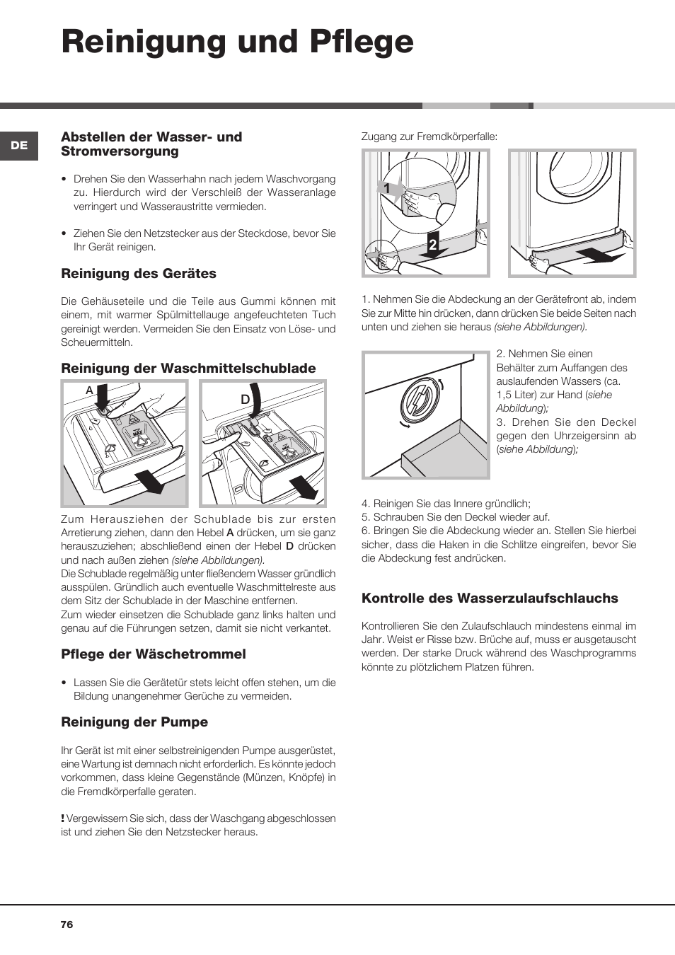 Reinigung und pflege | Hotpoint Ariston Aqualtis AQLF9D 692 U (EU)-A User Manual | Page 76 / 80