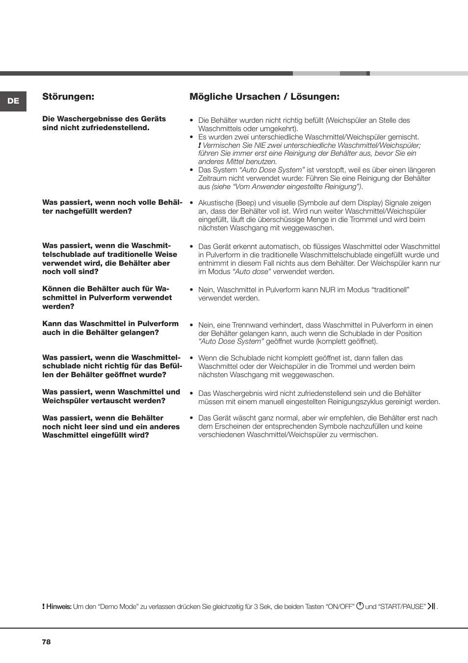 Störungen, Mögliche ursachen / lösungen | Hotpoint Ariston Aqualtis AQLF9D 692 U (EU)-A User Manual | Page 78 / 80
