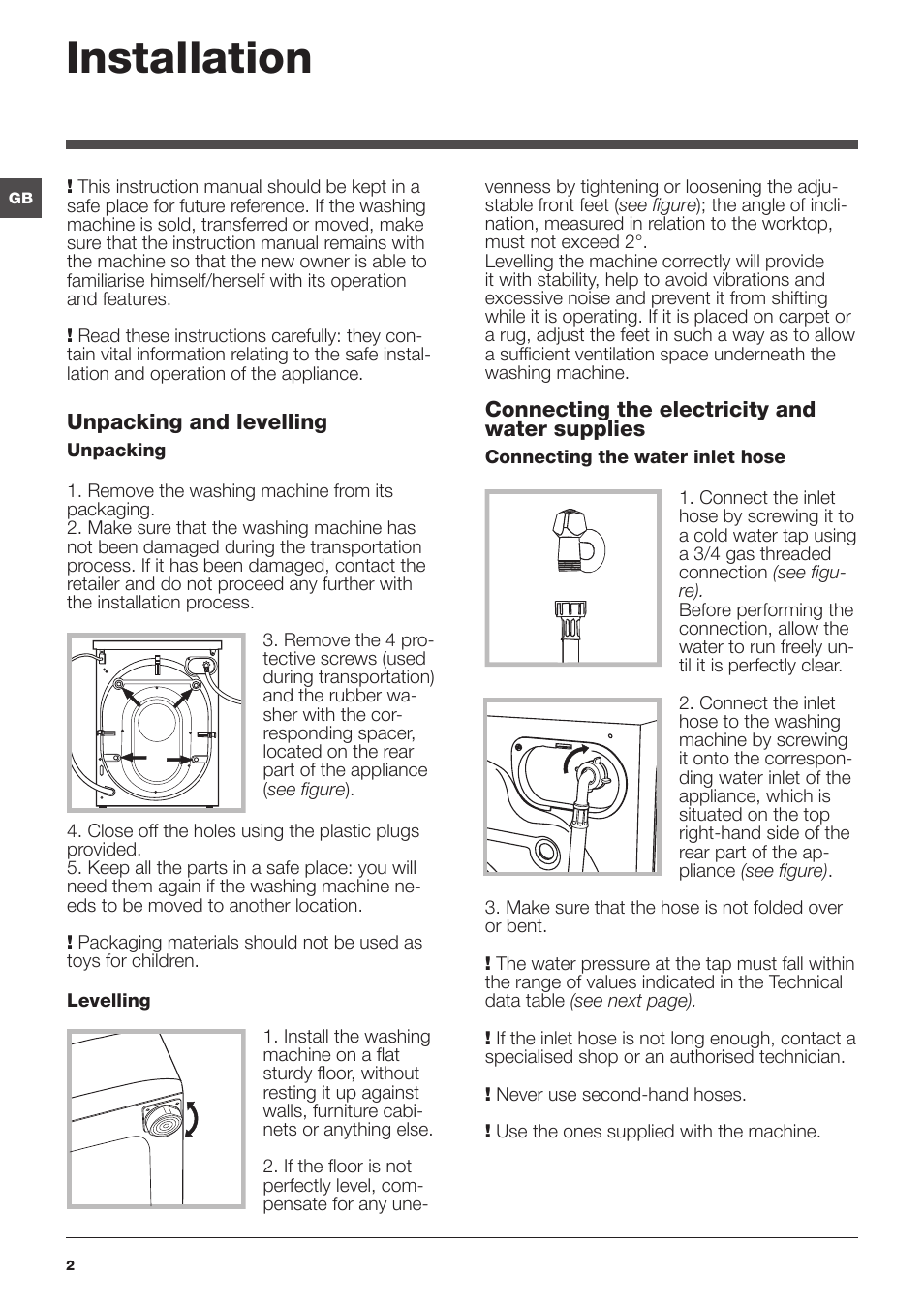 Installation | Hotpoint Ariston WMD 762 User Manual | Page 2 / 48