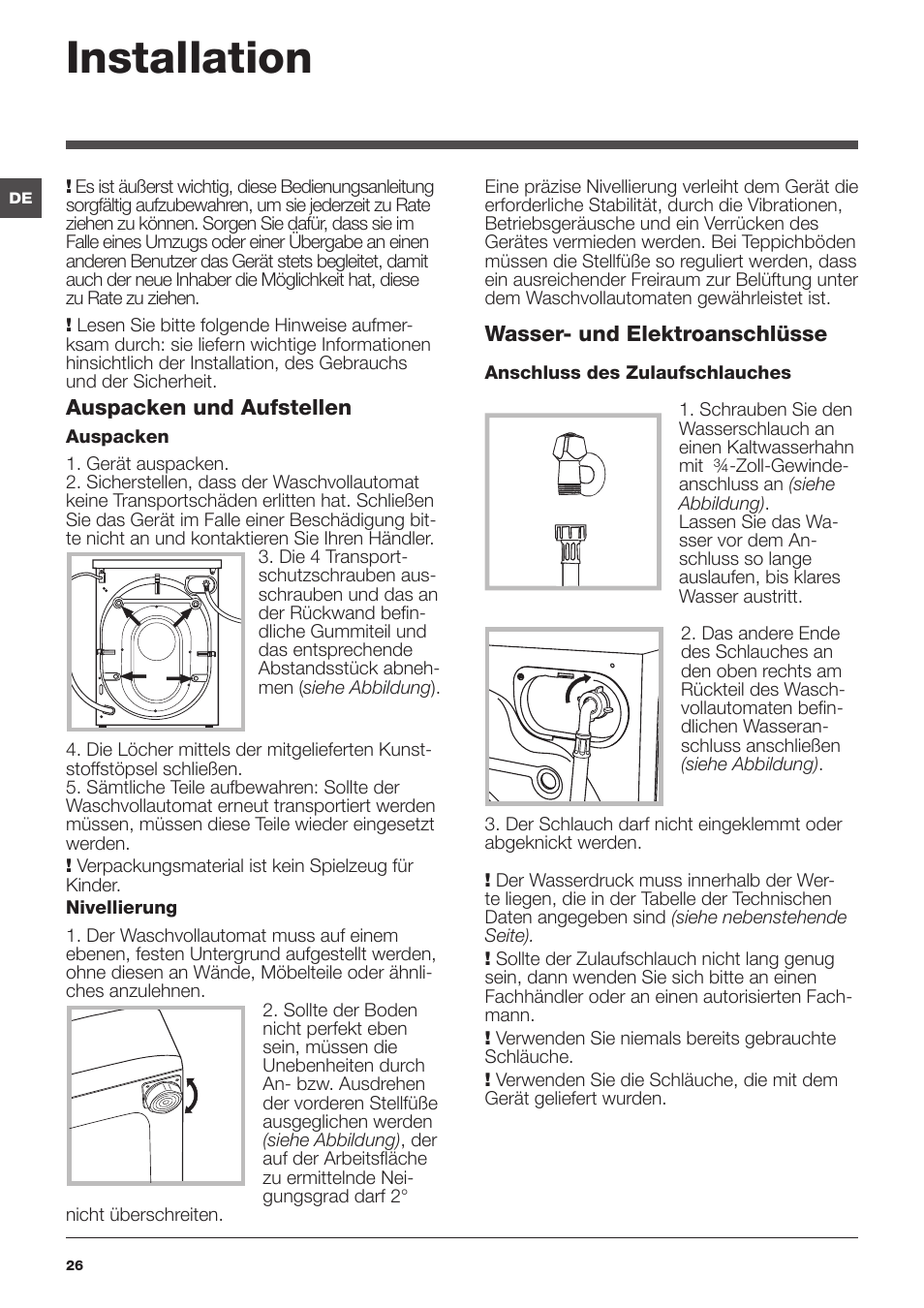 Installation | Hotpoint Ariston WMD 762 User Manual | Page 26 / 48