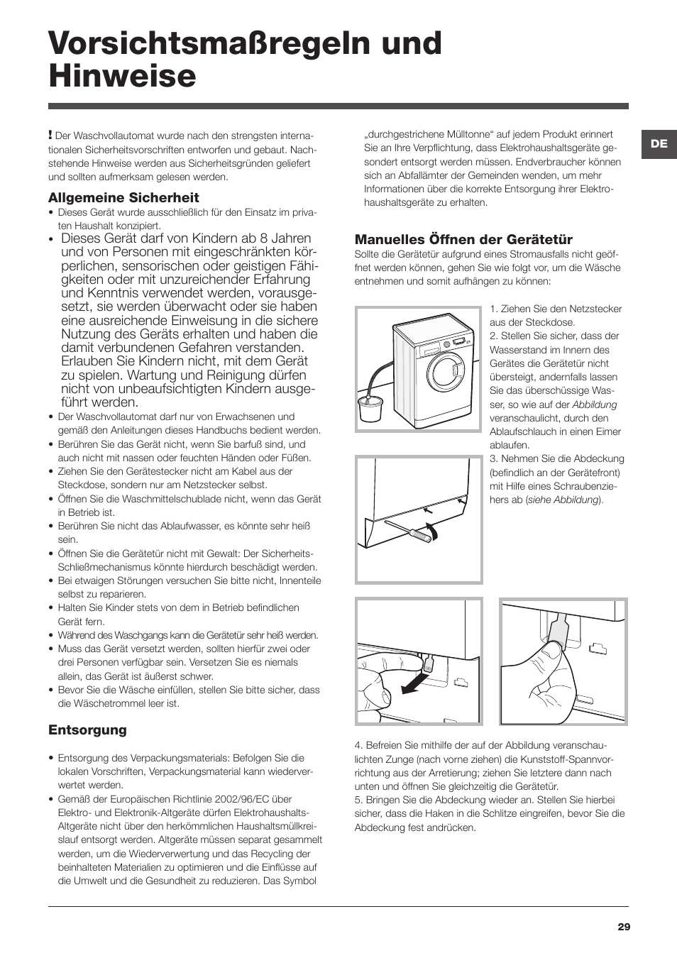 Vorsichtsmaßregeln und hinweise | Hotpoint Ariston WMD 762 User Manual | Page 29 / 48