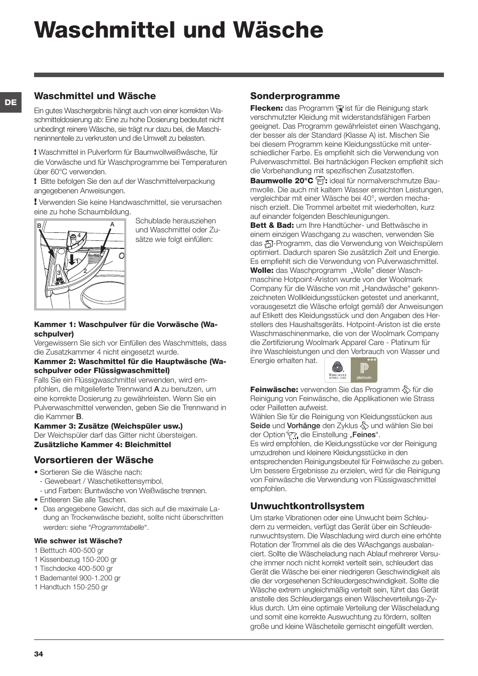 Waschmittel und wäsche, Vorsortieren der wäsche, Sonderprogramme | Unwuchtkontrollsystem | Hotpoint Ariston WMD 762 User Manual | Page 34 / 48