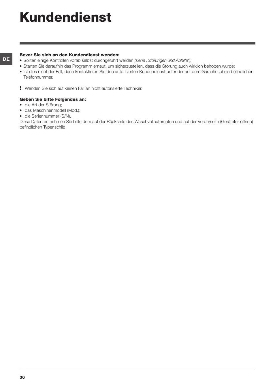 Kundendienst | Hotpoint Ariston WMD 762 User Manual | Page 36 / 48
