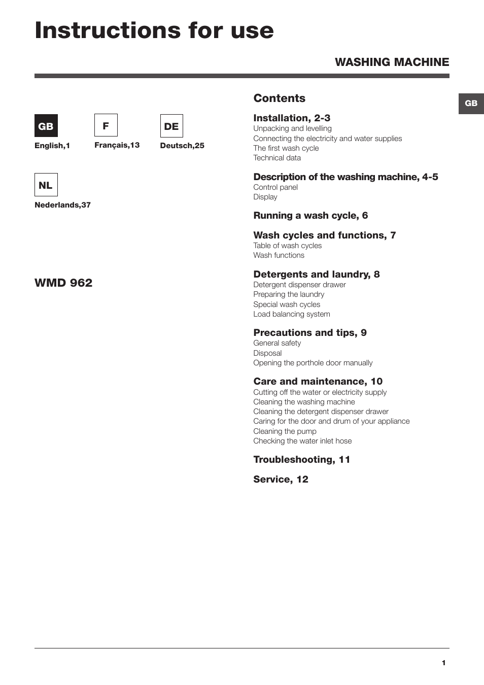 Hotpoint Ariston WMD 962BX SK User Manual | 48 pages