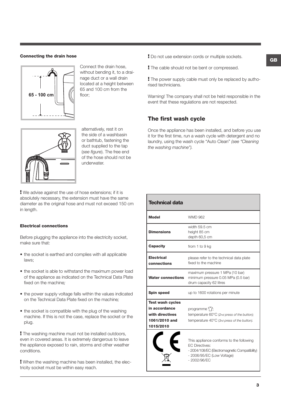 The first wash cycle | Hotpoint Ariston WMD 962BX SK User Manual | Page 3 / 48