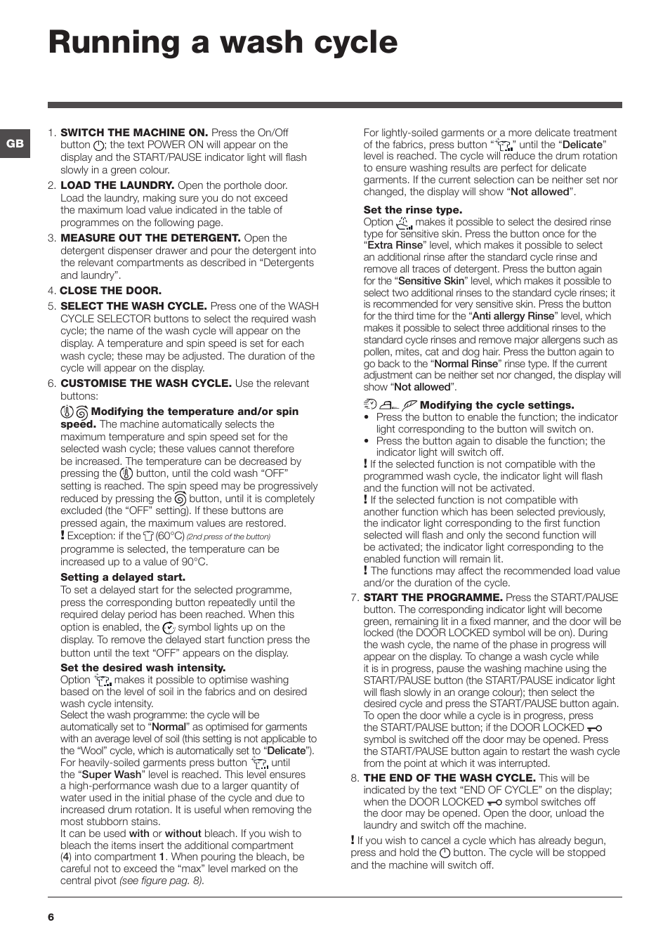 Running a wash cycle | Hotpoint Ariston WMD 962BX SK User Manual | Page 6 / 48