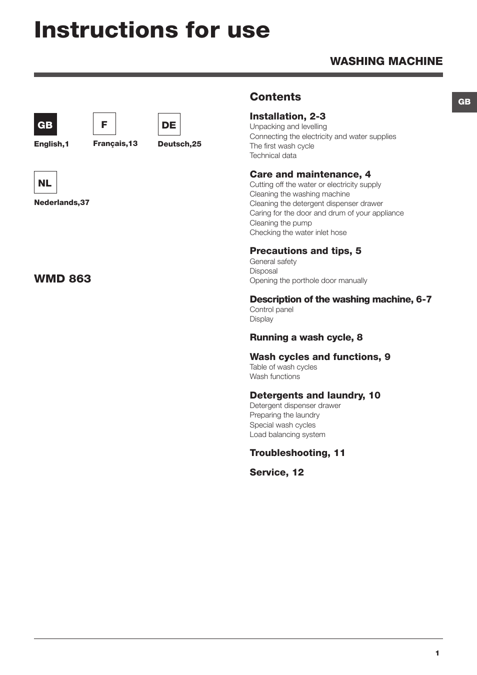 Hotpoint Ariston WMD 863 User Manual | 48 pages