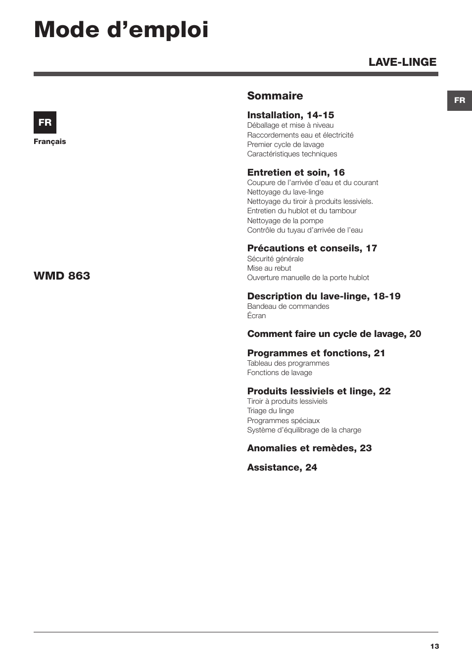 Mode d’emploi | Hotpoint Ariston WMD 863 User Manual | Page 13 / 48