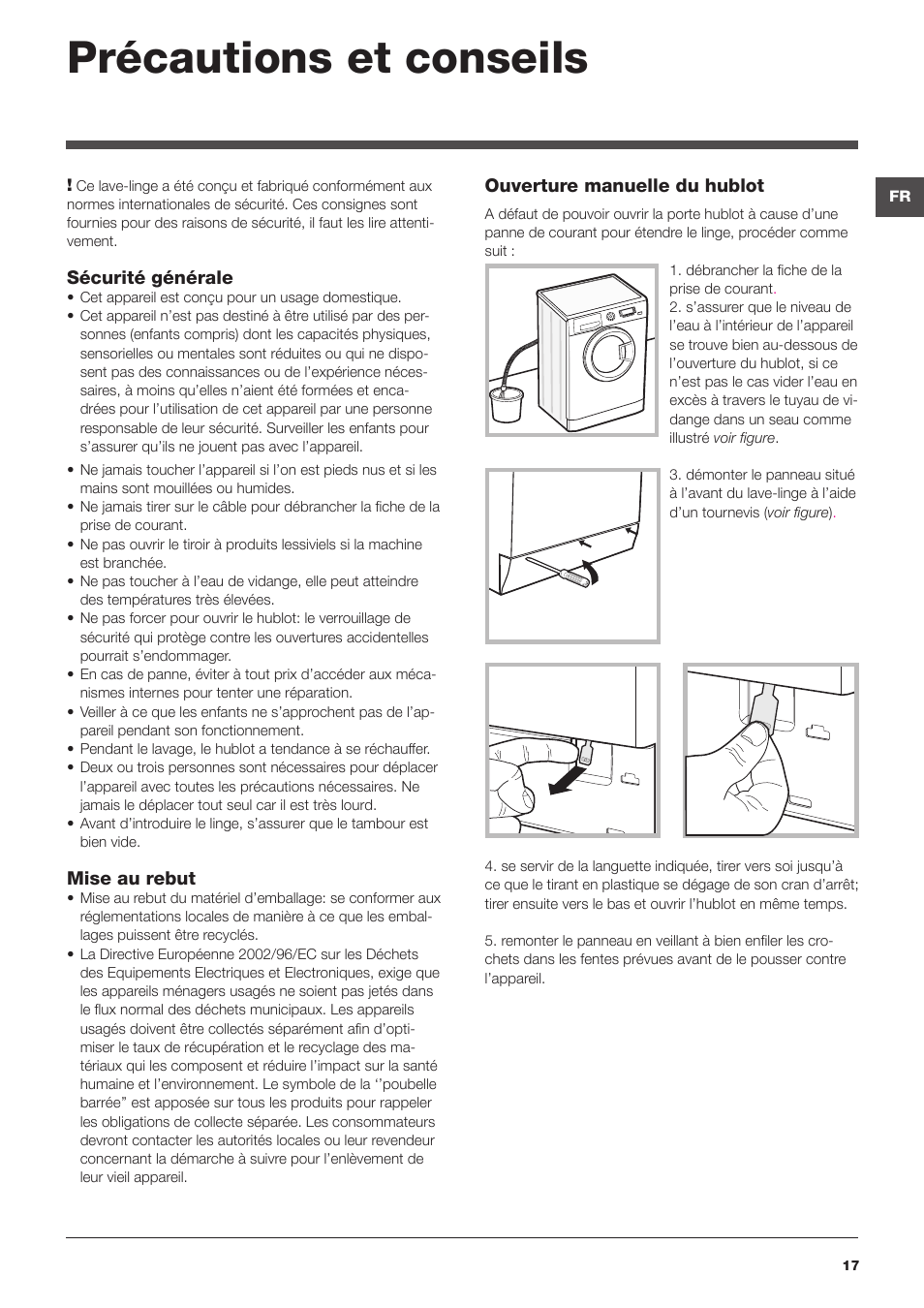 Précautions et conseils | Hotpoint Ariston WMD 863 User Manual | Page 17 / 48