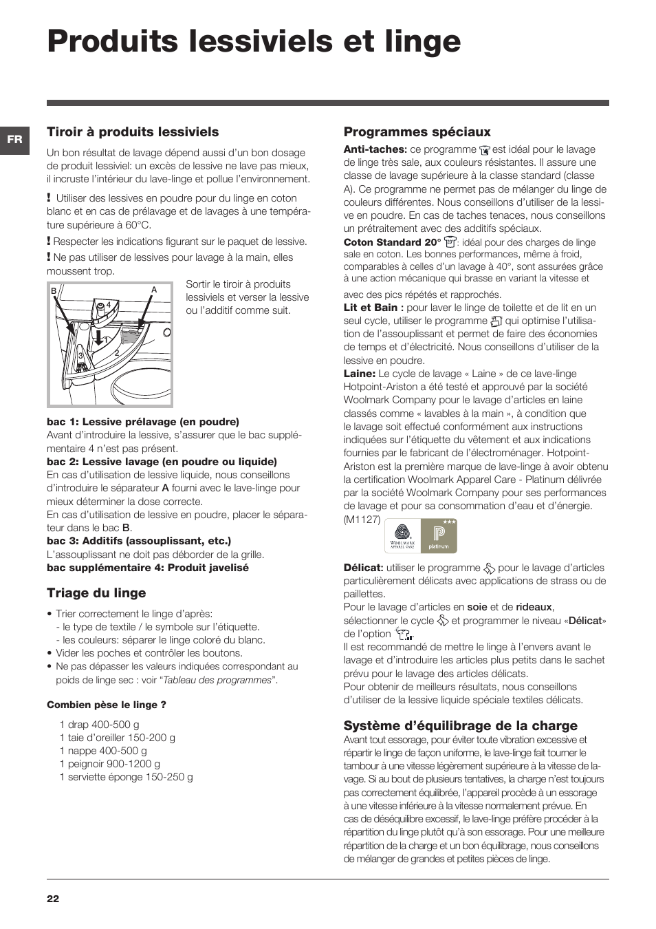 Produits lessiviels et linge, Tiroir à produits lessiviels, Triage du linge | Programmes spéciaux, Système d’équilibrage de la charge | Hotpoint Ariston WMD 863 User Manual | Page 22 / 48