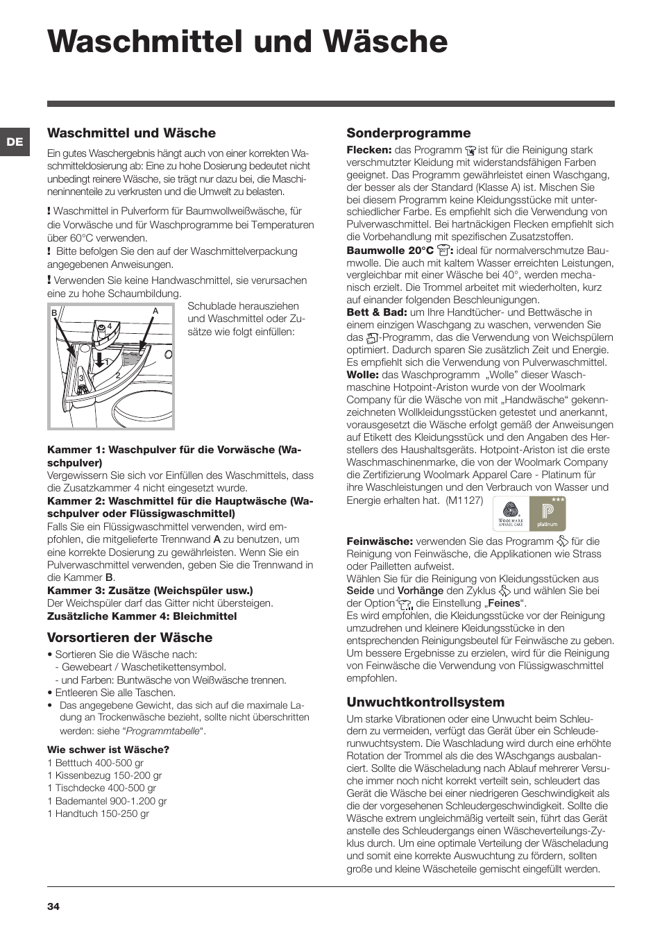 Waschmittel und wäsche, Vorsortieren der wäsche, Sonderprogramme | Unwuchtkontrollsystem | Hotpoint Ariston WMD 863 User Manual | Page 34 / 48