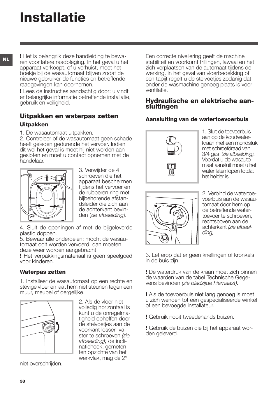 Installatie | Hotpoint Ariston WMD 863 User Manual | Page 38 / 48