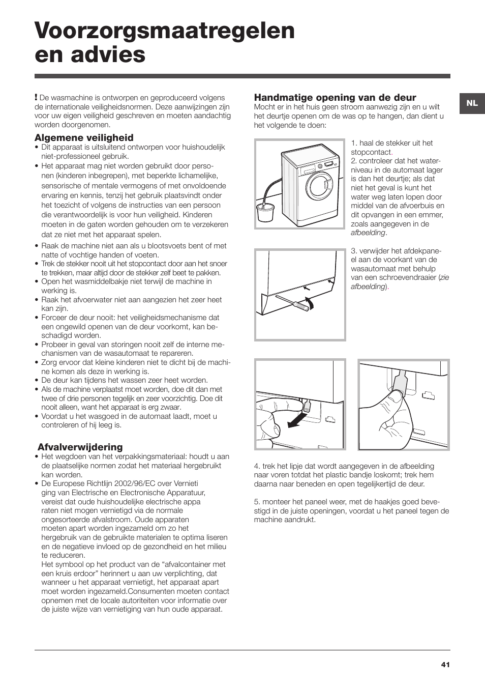 Voorzorgsmaatregelen en advies | Hotpoint Ariston WMD 863 User Manual | Page 41 / 48