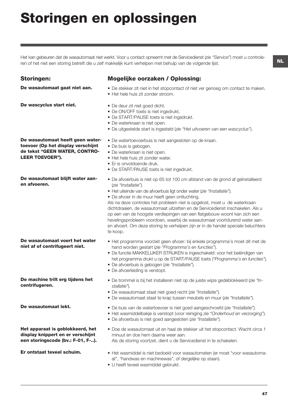 Storingen en oplossingen | Hotpoint Ariston WMD 863 User Manual | Page 47 / 48