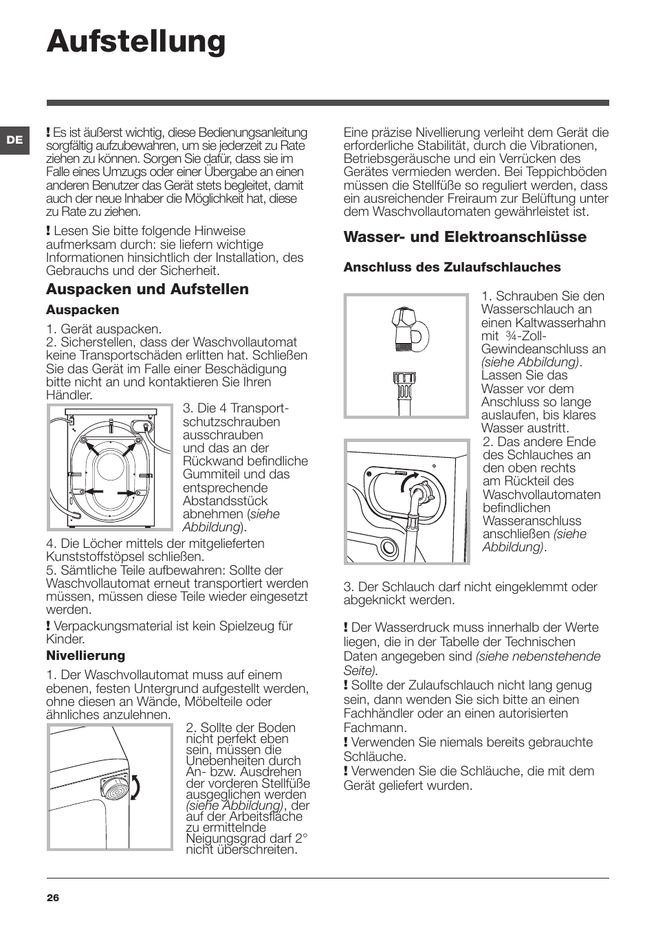 Aufstellung | Hotpoint Ariston WMG 742 EU User Manual | Page 26 / 48