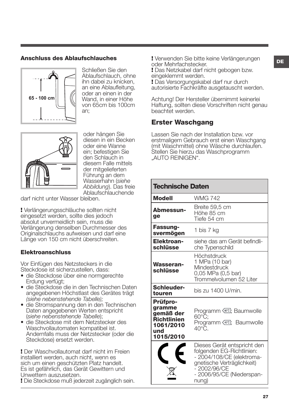 Hotpoint Ariston WMG 742 EU User Manual | Page 27 / 48