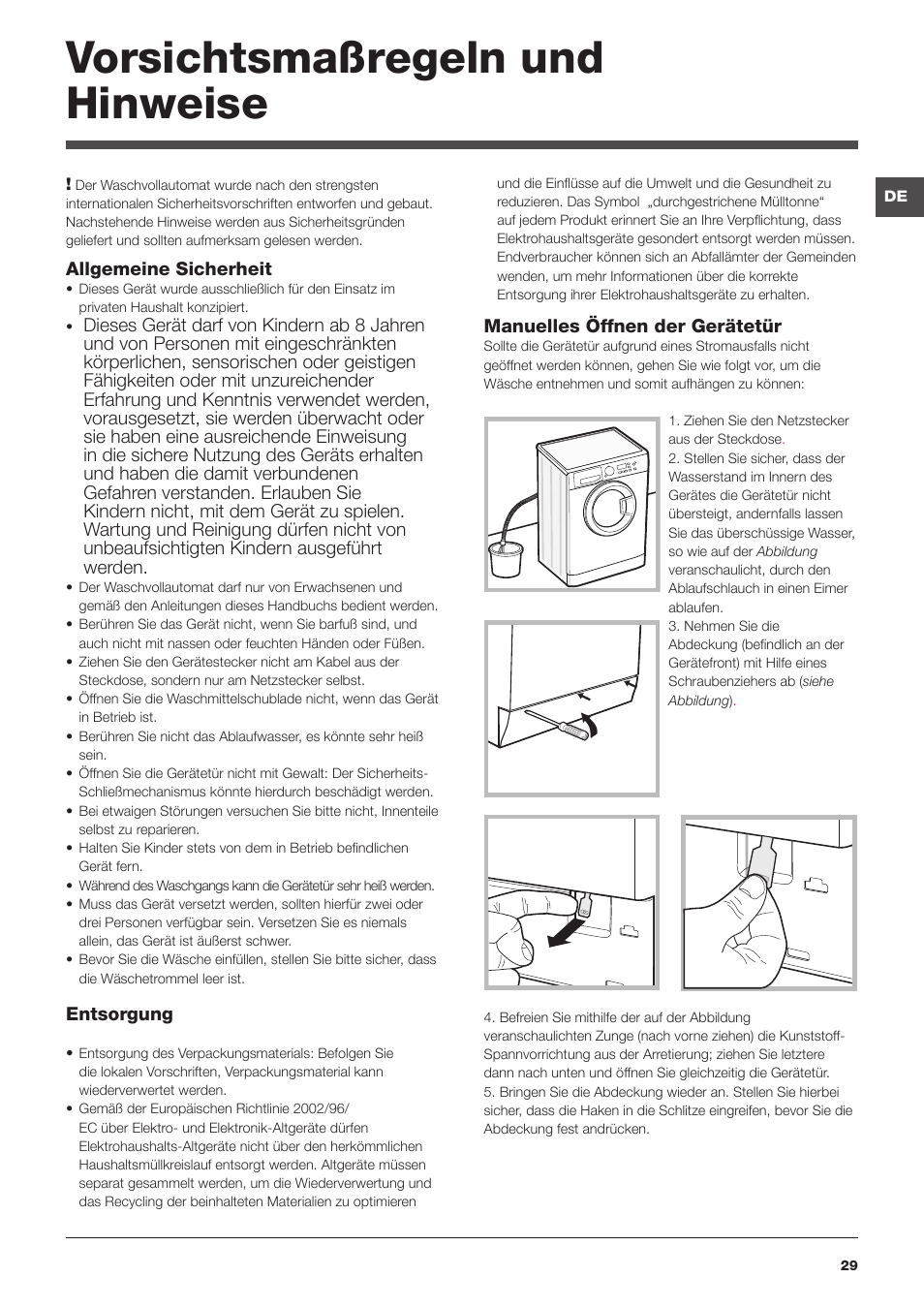 Vorsichtsmaßregeln und hinweise | Hotpoint Ariston WMG 742 EU User Manual | Page 29 / 48