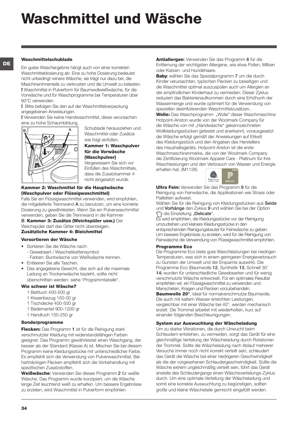 Waschmittel und wäsche | Hotpoint Ariston WMG 742 EU User Manual | Page 34 / 48