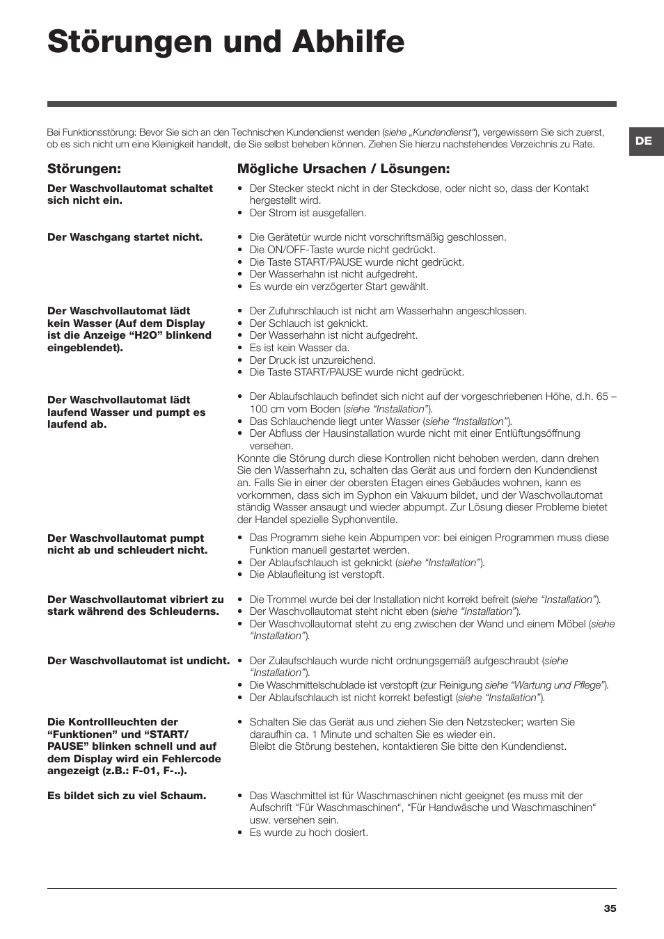 Störungen und abhilfe, Störungen, Mögliche ursachen / lösungen | Hotpoint Ariston WMG 742 EU User Manual | Page 35 / 48
