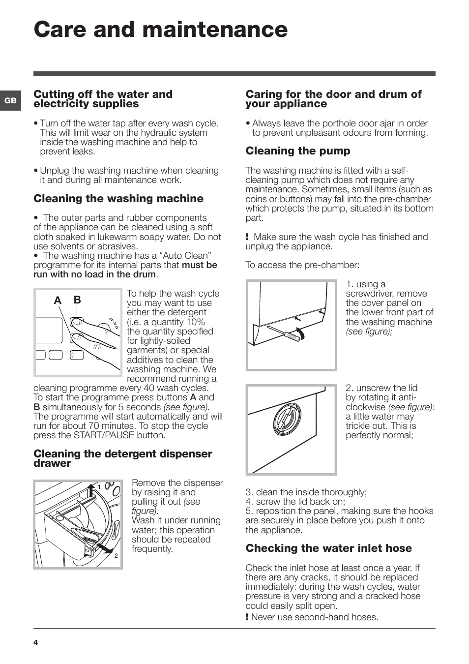 Care and maintenance | Hotpoint Ariston WMG 742 EU User Manual | Page 4 / 48