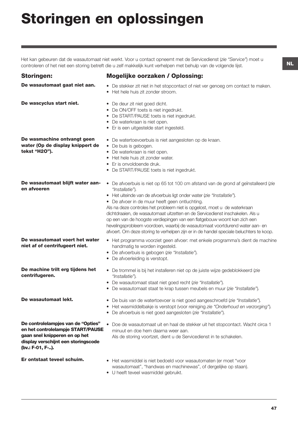 Storingen en oplossingen | Hotpoint Ariston WMG 742 EU User Manual | Page 47 / 48