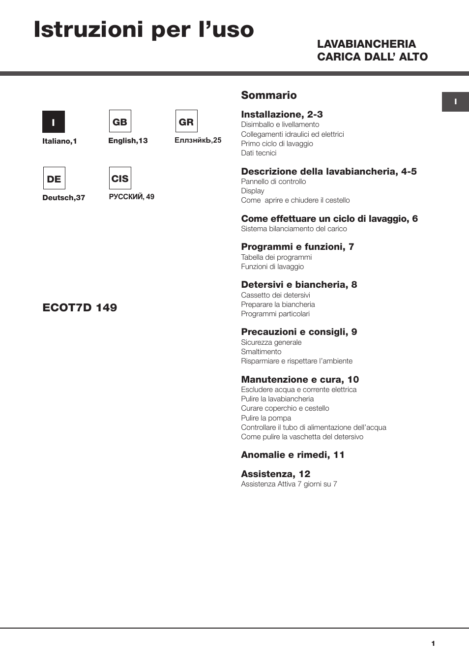 Hotpoint Ariston Toplader ECOT7D 149 (EU) User Manual | 60 pages