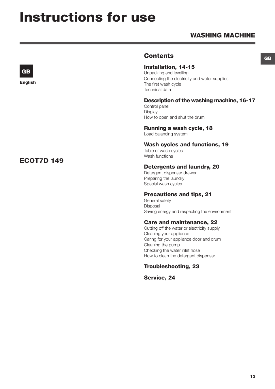 Instructions for use | Hotpoint Ariston Toplader ECOT7D 149 (EU) User Manual | Page 13 / 60