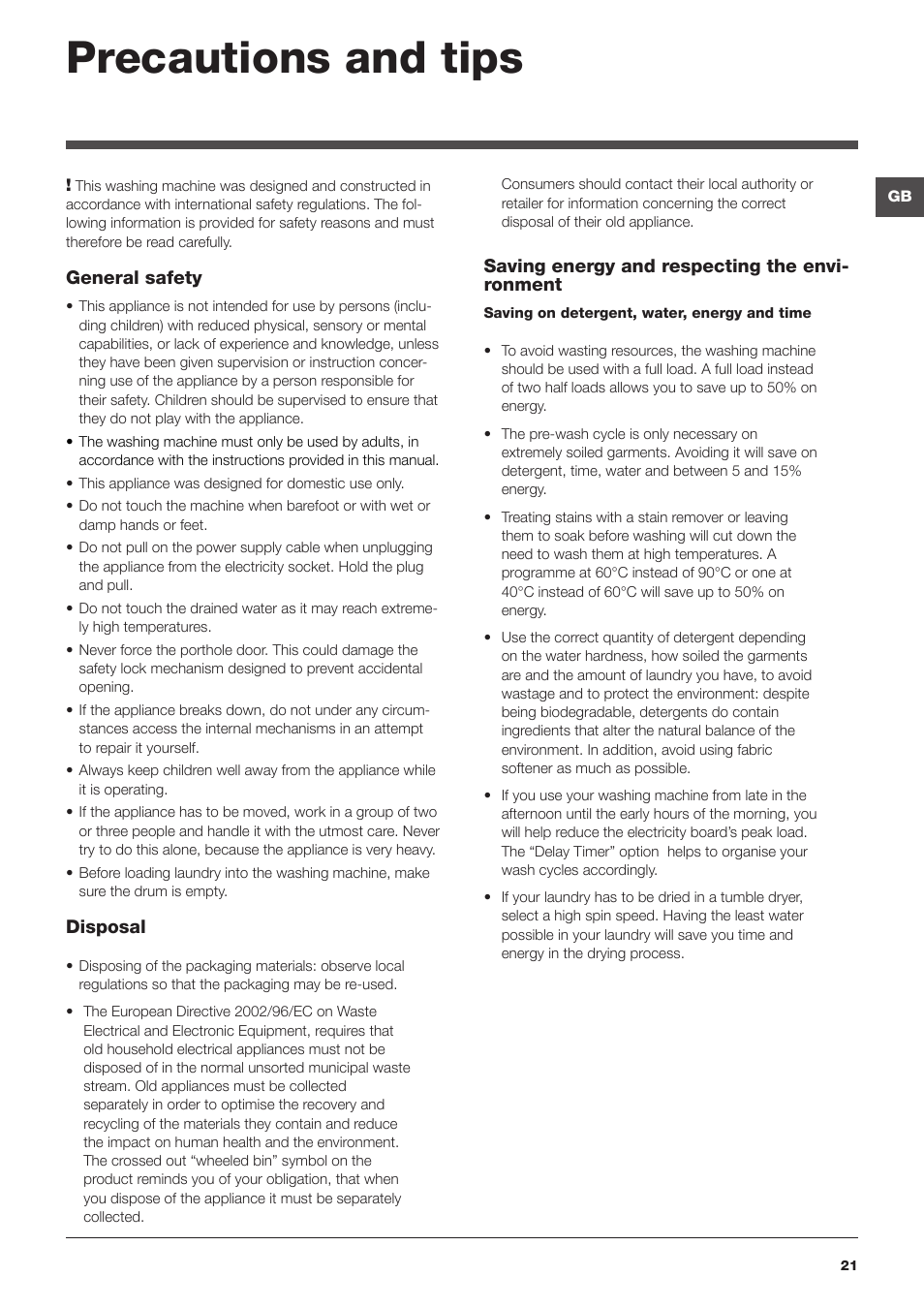 Precautions and tips | Hotpoint Ariston Toplader ECOT7D 149 (EU) User Manual | Page 21 / 60