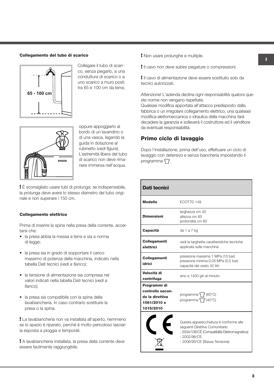 Primo ciclo di lavaggio | Hotpoint Ariston Toplader ECOT7D 149 (EU) User Manual | Page 3 / 60