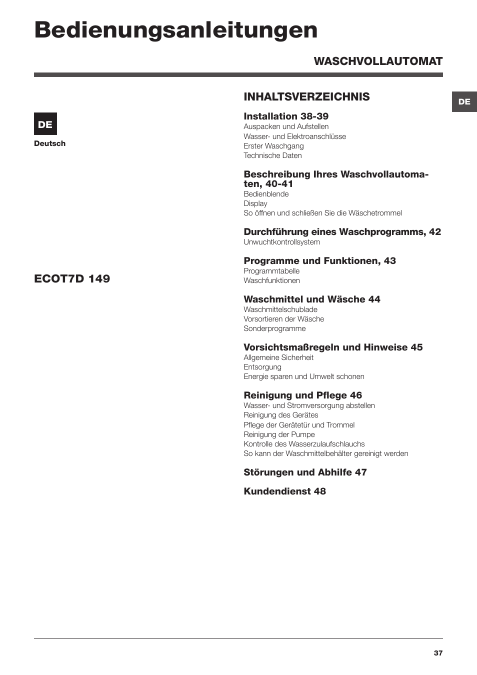 Bedienungsanleitungen | Hotpoint Ariston Toplader ECOT7D 149 (EU) User Manual | Page 37 / 60