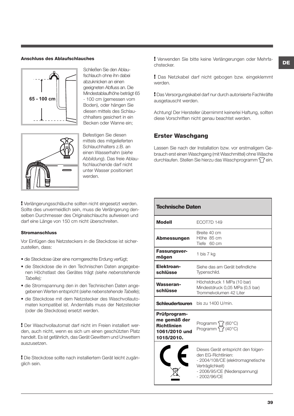 Erster waschgang | Hotpoint Ariston Toplader ECOT7D 149 (EU) User Manual | Page 39 / 60