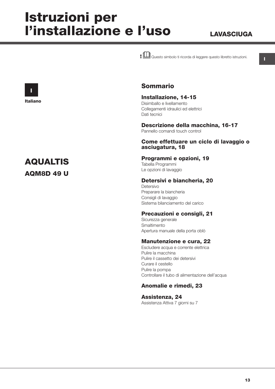 Istruzioni per l’installazione e l’uso, Aqualtis | Hotpoint Ariston AQM8D 49 U (EU)-A.N User Manual | Page 13 / 72