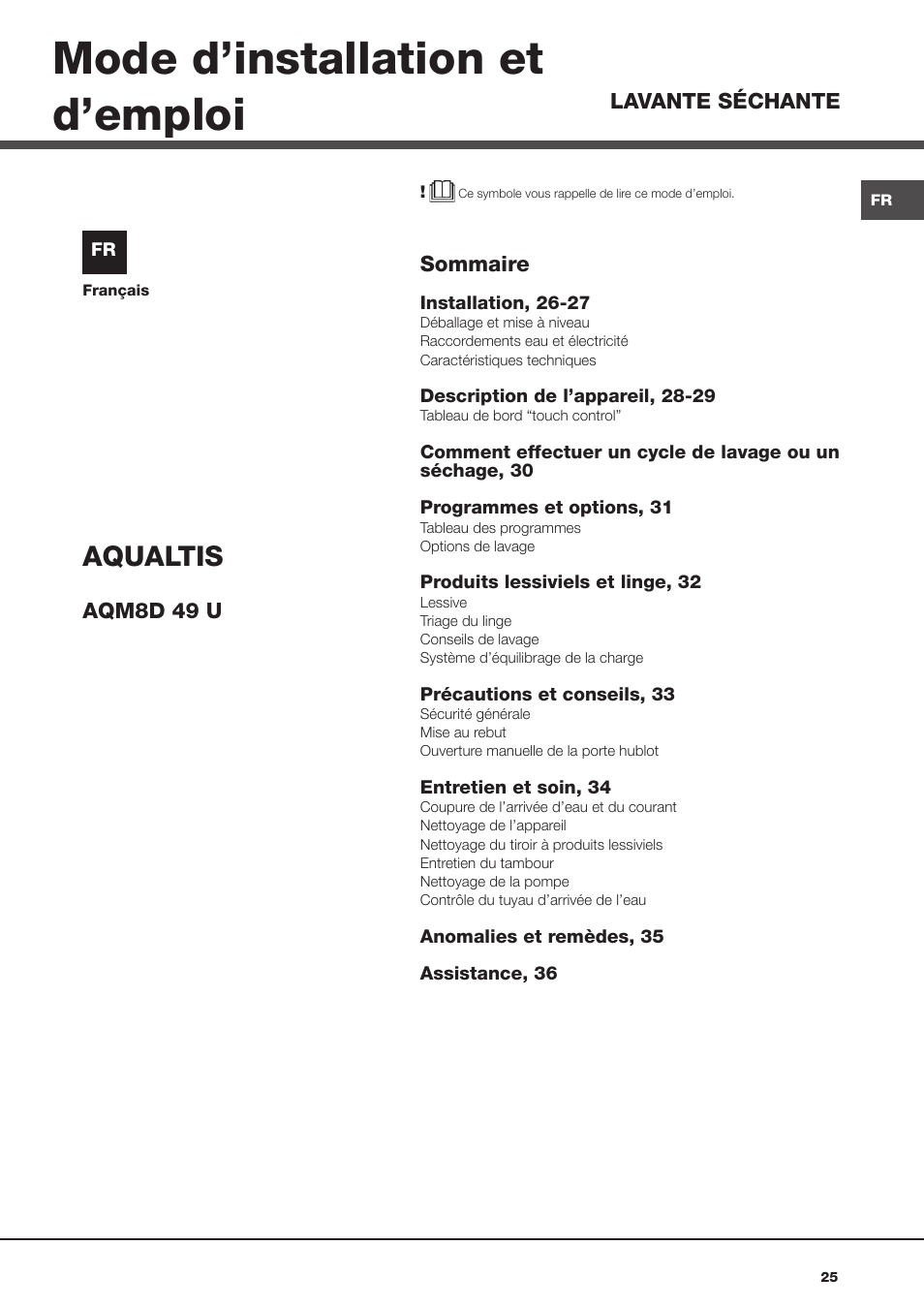 Mode d’installation et d’emploi, Aqualtis | Hotpoint Ariston AQM8D 49 U (EU)-A.N User Manual | Page 25 / 72