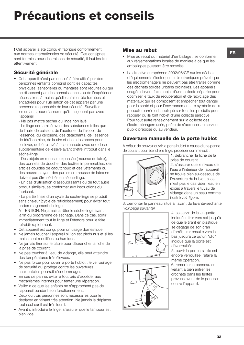 Précautions et conseils | Hotpoint Ariston AQM8D 49 U (EU)-A.N User Manual | Page 33 / 72