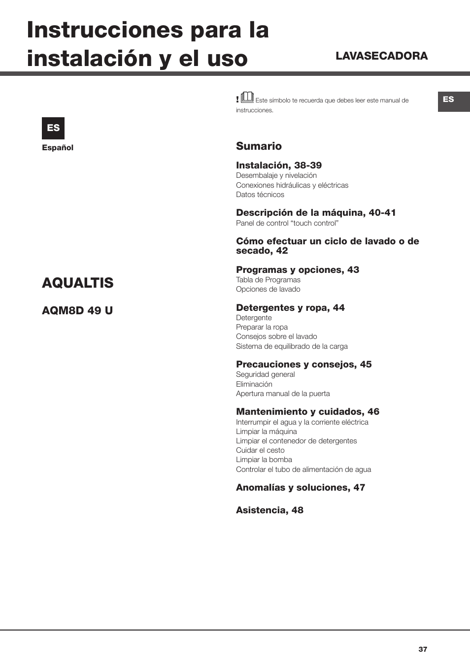 Instrucciones para la instalación y el uso, Aqualtis | Hotpoint Ariston AQM8D 49 U (EU)-A.N User Manual | Page 37 / 72