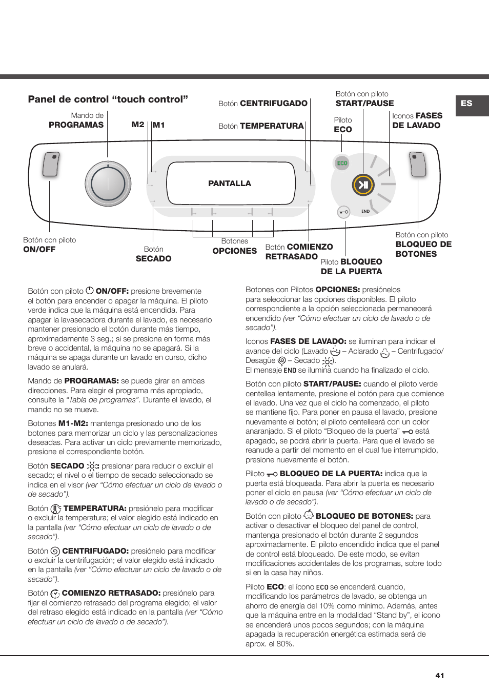 Panel de control “touch control | Hotpoint Ariston AQM8D 49 U (EU)-A.N User Manual | Page 41 / 72